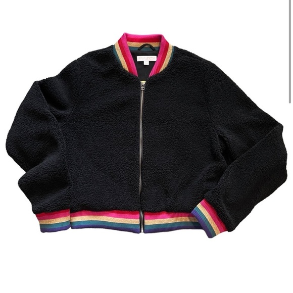 Spiritual Gangster Cropped Furry Bomber Zip Jacket Rainbow Trim Black Size Large - Picture 5 of 12